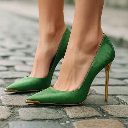 Verde Éclat™ | Satin-Heels mit goldener Spitze