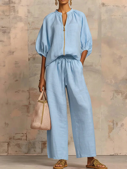 Alba | Zweiteiler aus Leinen und Baumwolle mit lockerer Bluse und weiter Hose
